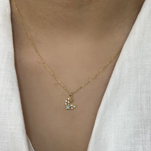Opal Taşlı Minimal Hilal Kolye I 925 Gümüş