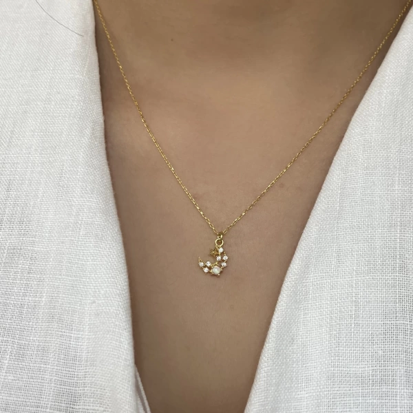 Opal Taşlı Minimal Hilal Kolye I 925 Gümüş