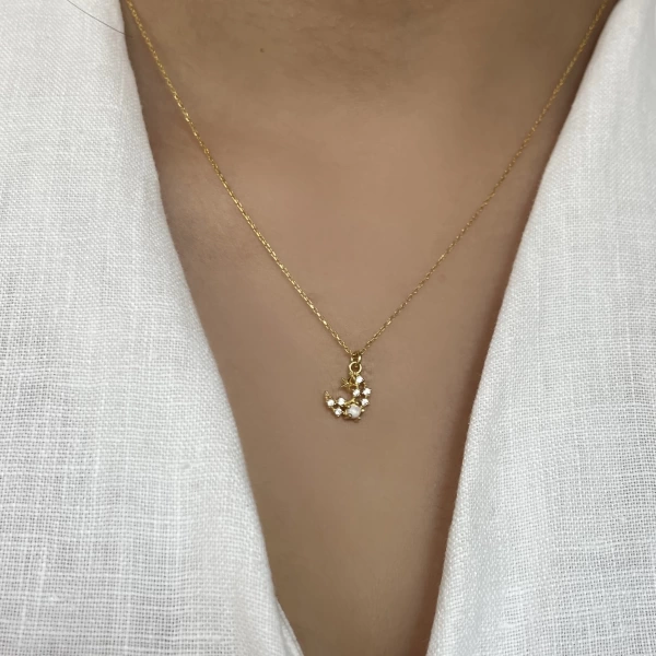 Opal Taşlı Minimal Hilal Kolye I 925 Gümüş