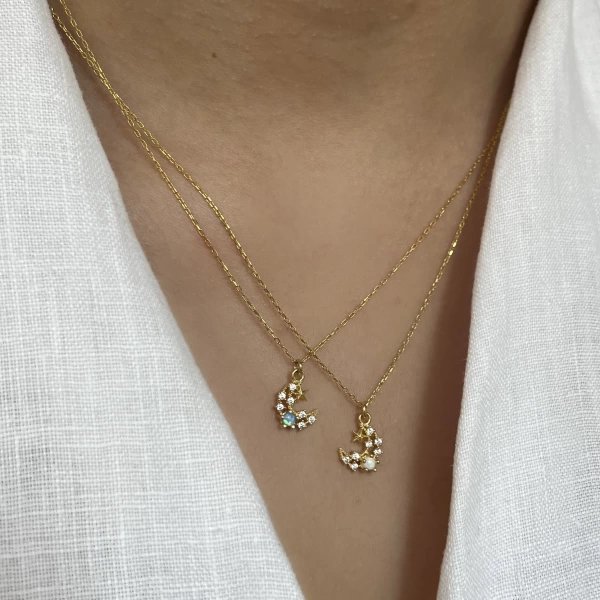 Opal Taşlı Minimal Hilal Kolye I 925 Gümüş