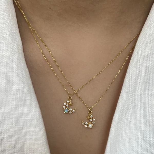 Opal Taşlı Minimal Hilal Kolye I 925 Gümüş