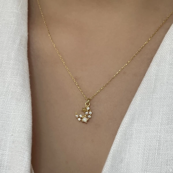 Opal Taşlı Minimal Hilal Kolye I 925 Gümüş