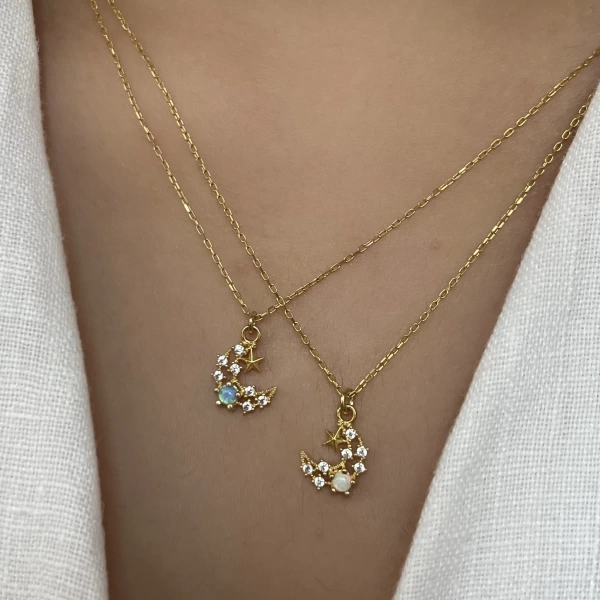 Opal Taşlı Minimal Hilal Kolye I 925 Gümüş