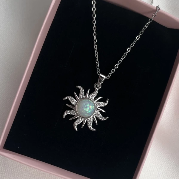 Opal Taşlı Sun Kolye I Çelik