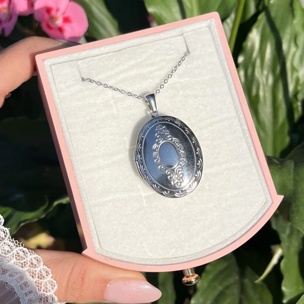 Oval Desenli Çift Fotoğraflı Kolye I Çelik