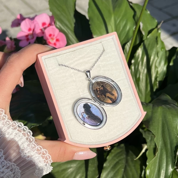 Oval Desenli Çift Fotoğraflı Kolye I Çelik