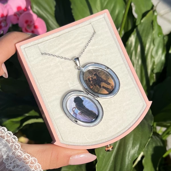 Oval Desenli Çift Fotoğraflı Kolye I Çelik