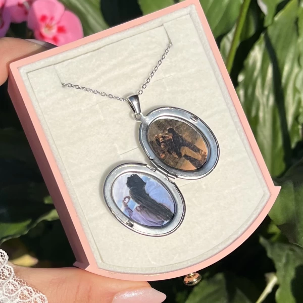 Oval Desenli Çift Fotoğraflı Kolye I Çelik