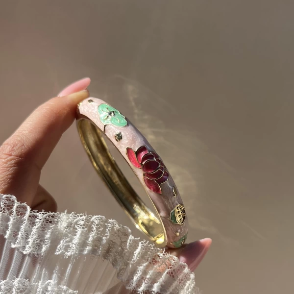 Pastel Kalın Pembe Yeşil Lotus Mineli Bileklik