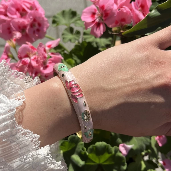 Pastel Kalın Pembe Yeşil Lotus Mineli Bileklik