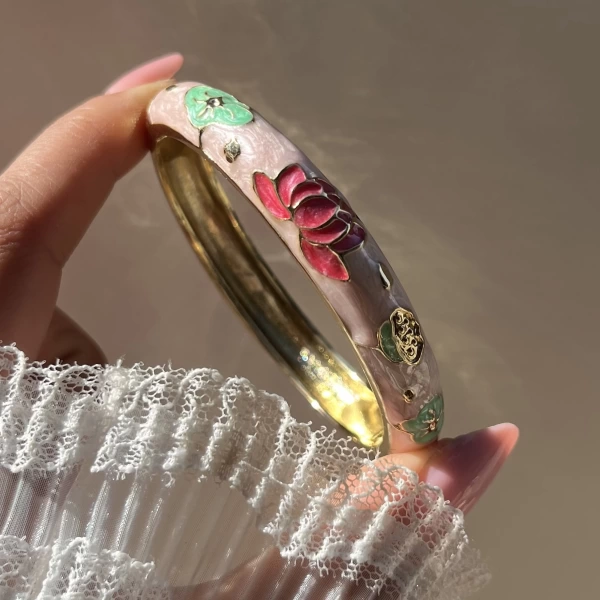 Pastel Kalın Pembe Yeşil Lotus Mineli Bileklik