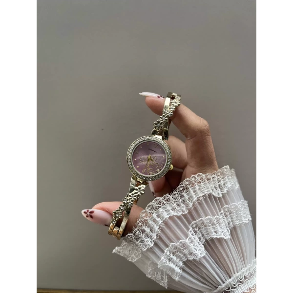 Pembe Altın Çiçekleri Vintage Saat