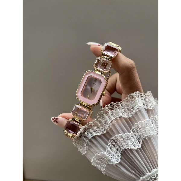Pembe Elmaslı Vintage Saat