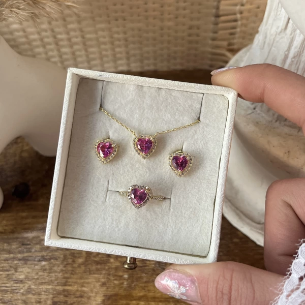 Pembe Kalpli Yüzük&Küpe&Kolye Takımı | 925 Gümüş