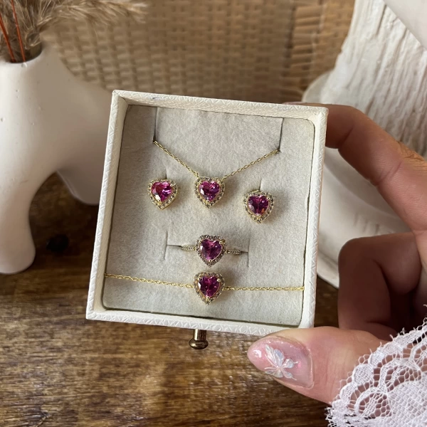 Pembe Kalpli Yüzük&Küpe&Kolye&Bileklik Takımı | 925 Gümüş