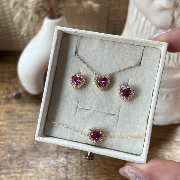Pembe Kalpli Yüzük&Küpe&Bileklik Takımı | 925 Gümüş
