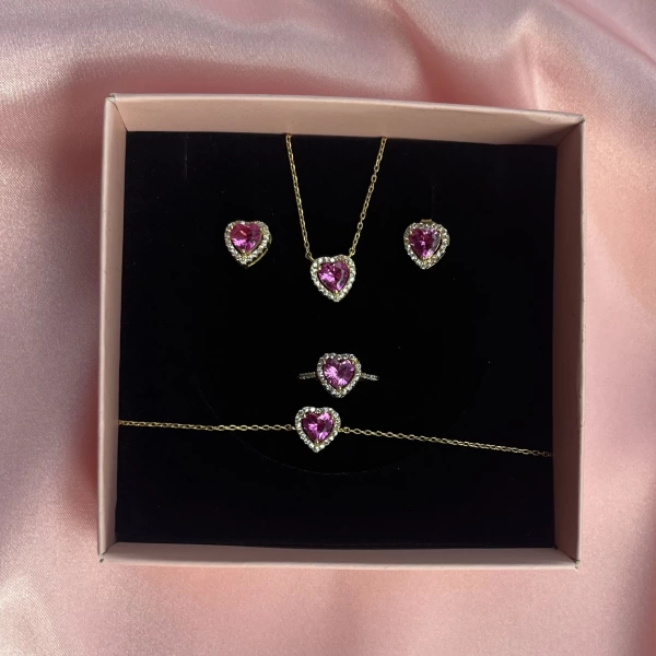 Pembe Kalpli Yüzük&Küpe&Kolye&Bileklik Takımı | 925 Gümüş