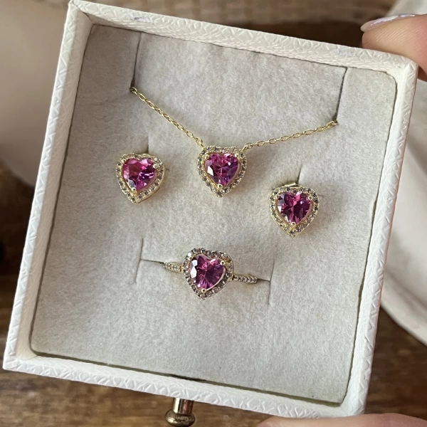 Pembe Kalpli Yüzük&Küpe&Kolye Takımı | 925 Gümüş
