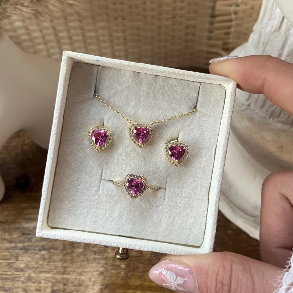 Pembe Kalpli Yüzük&Küpe&Kolye Takımı | 925 Gümüş