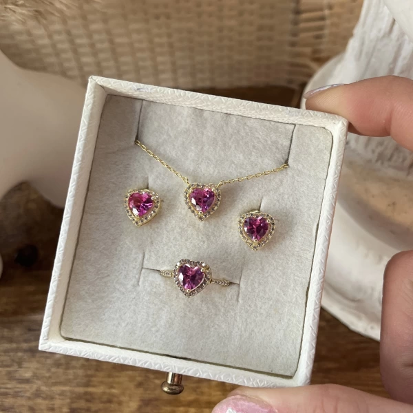Pembe Kalpli Yüzük&Küpe&Kolye Takımı | 925 Gümüş