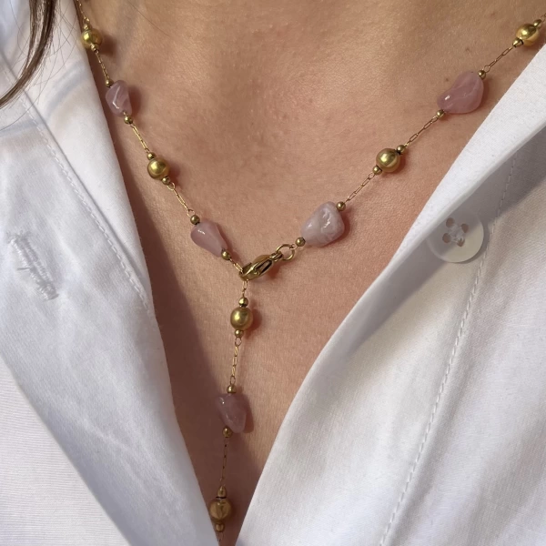 Pembe Kuvars Taşlı Y Zincir Kolye I Çelik