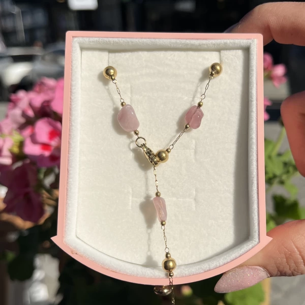 Pembe Kuvars Taşlı Y Zincir Kolye I Çelik