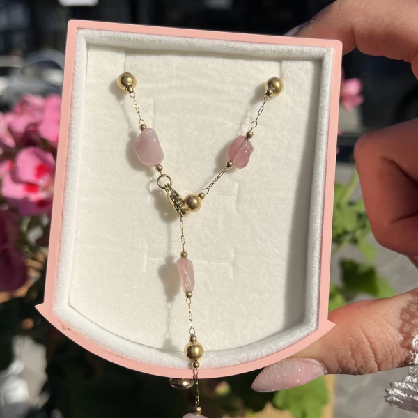 Pembe Kuvars Taşlı Y Zincir Kolye I Çelik
