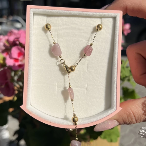 Pembe Kuvars Taşlı Y Zincir Kolye I Çelik