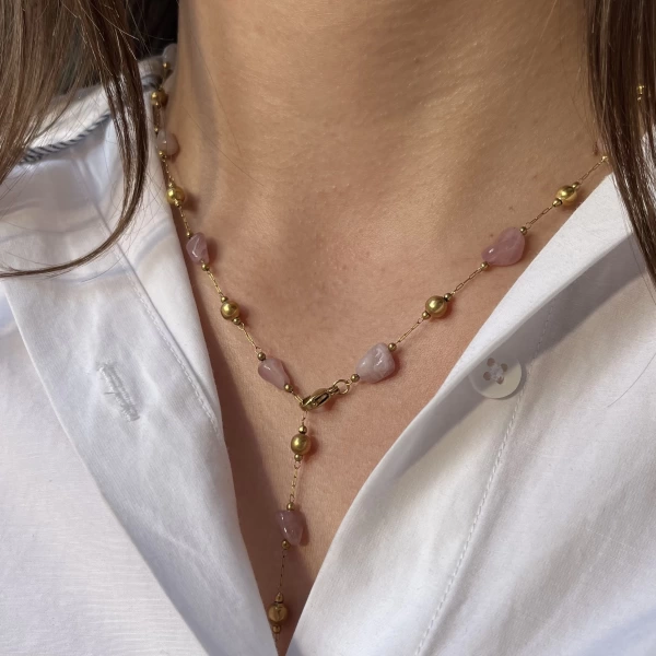 Pembe Kuvars Taşlı Y Zincir Kolye I Çelik