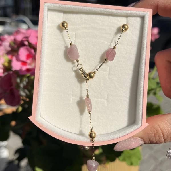 Pembe Kuvars Taşlı Y Zincir Kolye I Çelik
