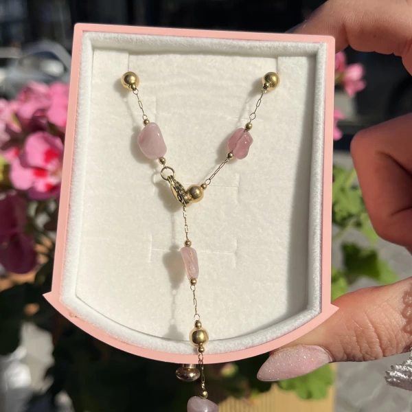 Pembe Kuvars Taşlı Y Zincir Kolye I Çelik