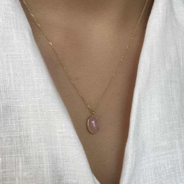 Pembe Oval Taşlı Kolye I 925 Gümüş