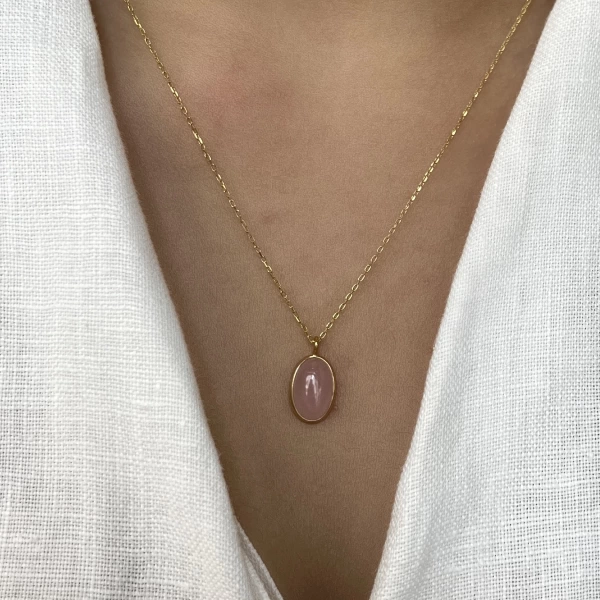 Pembe Oval Taşlı Kolye I 925 Gümüş