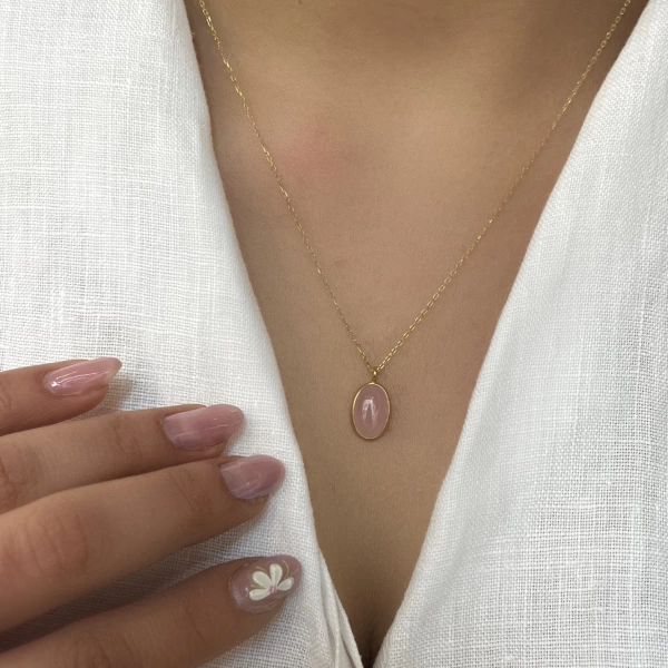 Pembe Oval Taşlı Kolye I 925 Gümüş