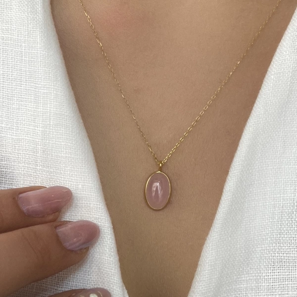 Pembe Oval Taşlı Kolye I 925 Gümüş