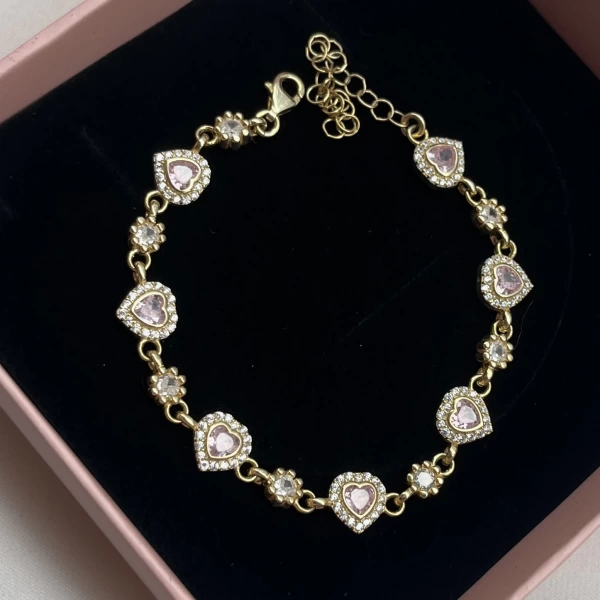 Pembe Taşlı Kalp Bileklik I 925 Gümüş