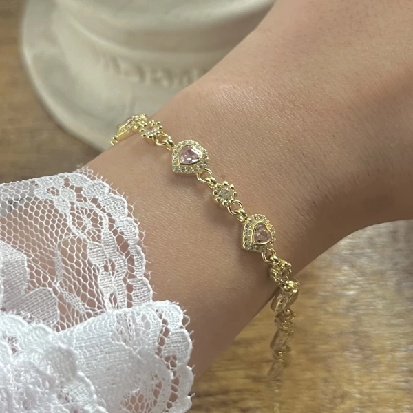 Pembe Taşlı Kalp Bileklik I 925 Gümüş