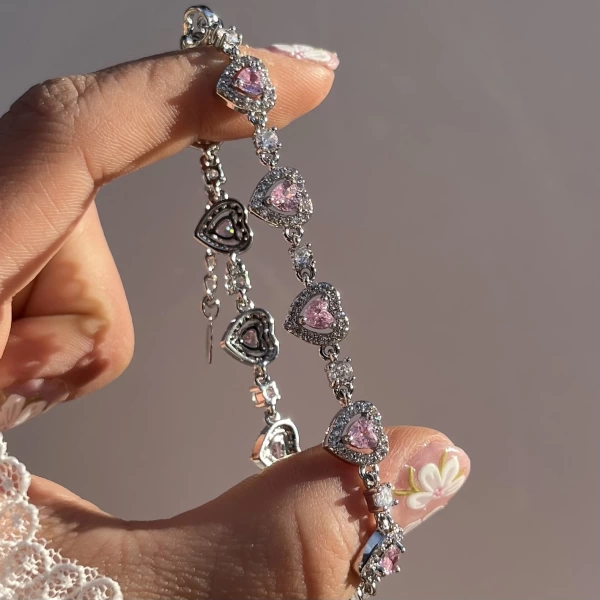 Pembe Taşlı Kalpli Bileklik I Çelik