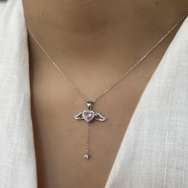 Pembe Taşlı Kanatlı Kalp Kolye I 925 Gümüş