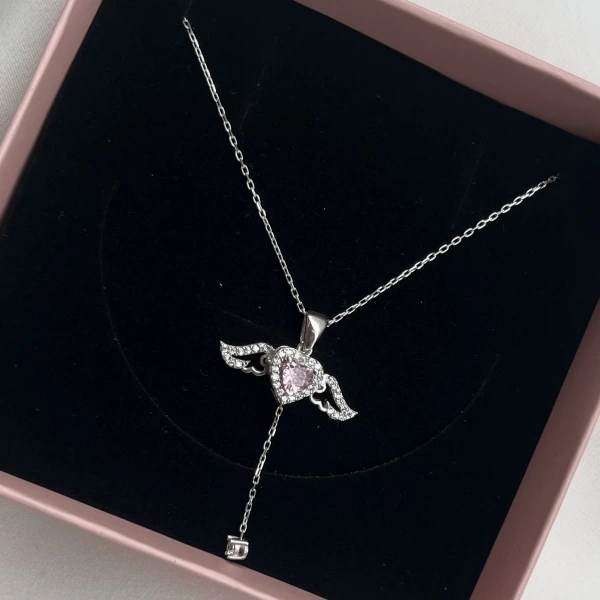 Pembe Taşlı Kanatlı Kalp Kolye I 925 Gümüş