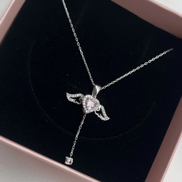 Pembe Taşlı Kanatlı Kalp Kolye I 925 Gümüş
