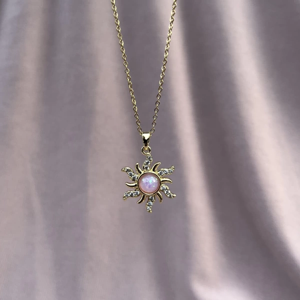 Pembe Taşlı Opal Sun Kolye | Çelik