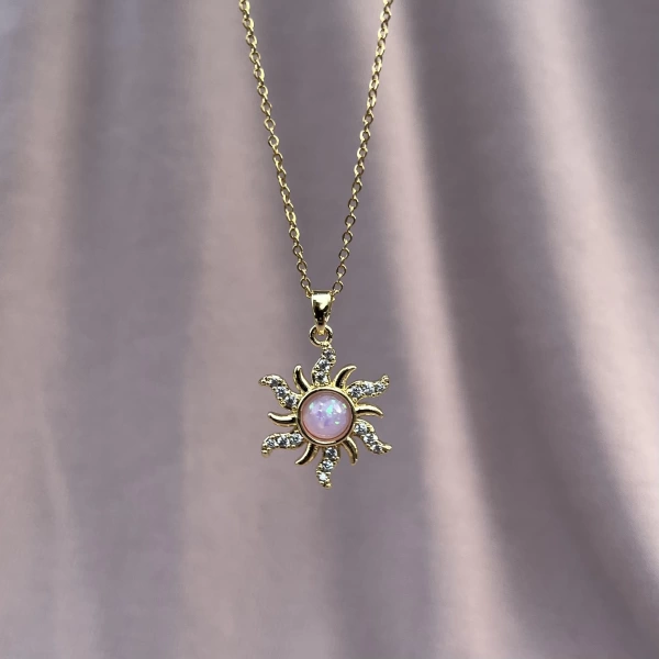 Pembe Taşlı Opal Sun Kolye | Çelik