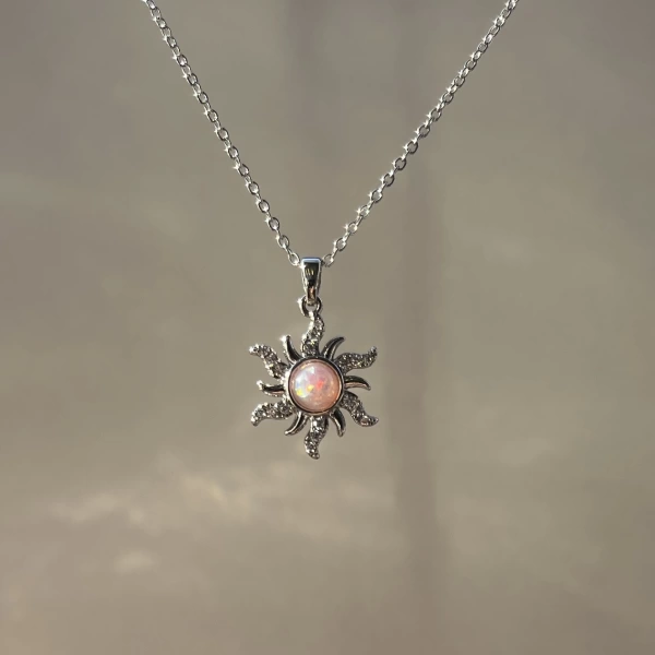 Pembe Taşlı Opal Sun Kolye | Çelik