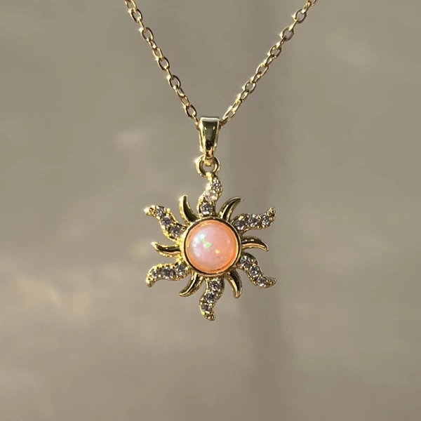 Pembe Taşlı Opal Sun Kolye | Çelik