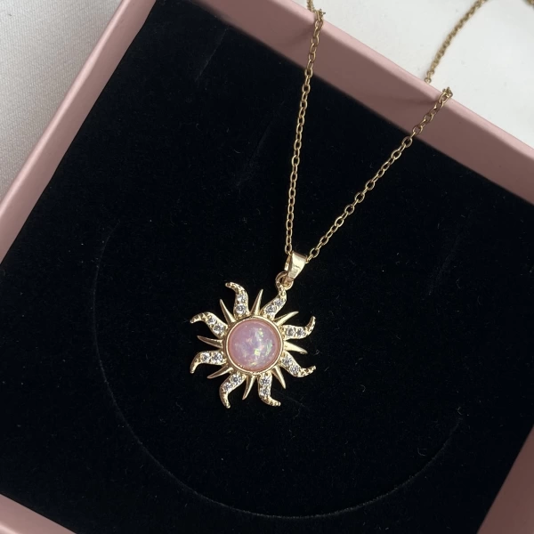 Pembe Taşlı Opal Sun Kolye | Çelik