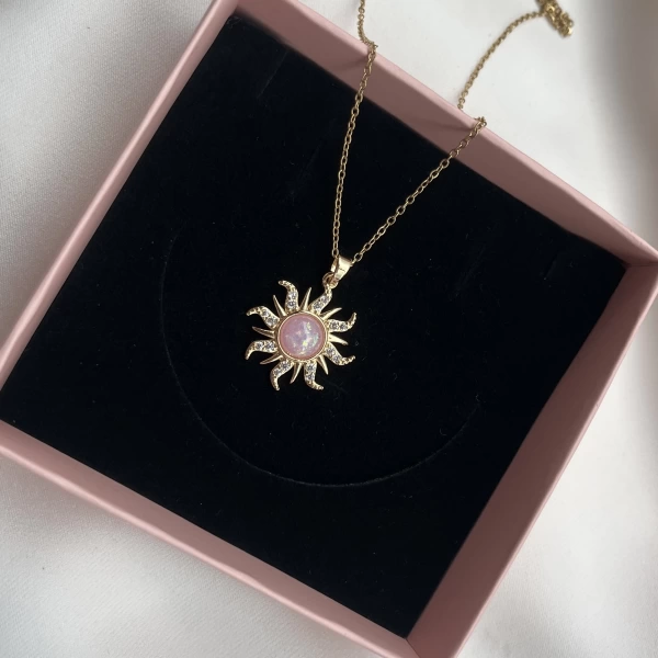 Pembe Taşlı Opal Sun Kolye | Çelik