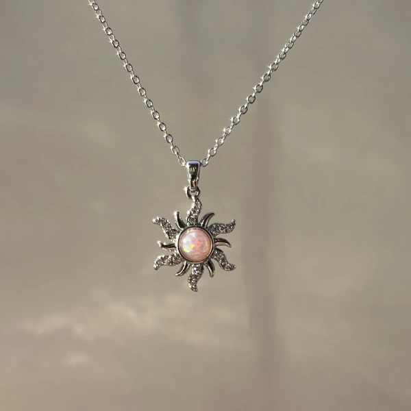 Pembe Taşlı Opal Sun Kolye | Çelik