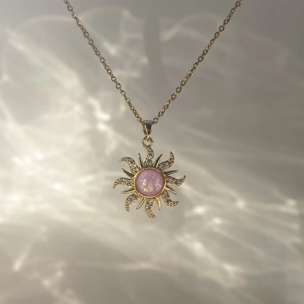 Pembe Taşlı Opal Sun Kolye | Çelik