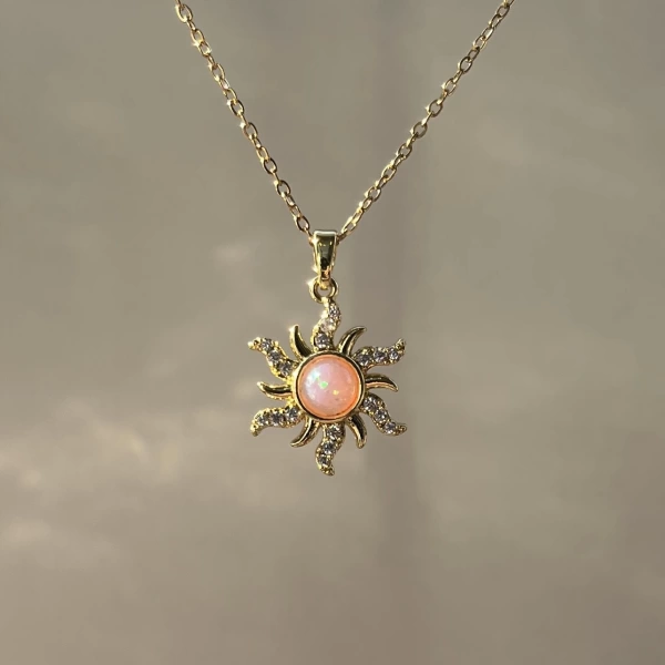 Pembe Taşlı Opal Sun Kolye | Çelik